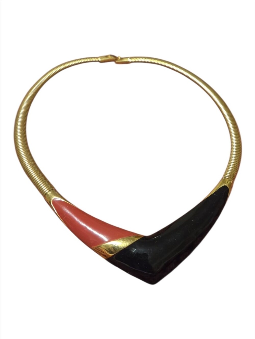 Vintage Monet Gold Tone Red Black Enamel Omega Collar Choker Necklace